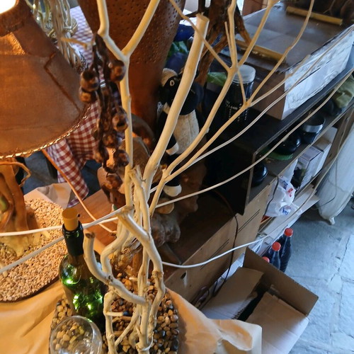 Table lamp with ivy wood, Merlot bottle, and wine glass