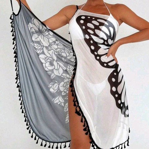 Shein women's beach pareo with black and white floral pattern and tassels, new