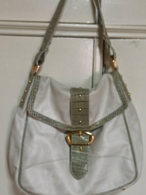 Leather women's shoulder bag M.Burani like new, ecru with olive straps