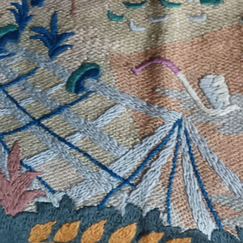 Old embroidery with flat stitch for framing used
