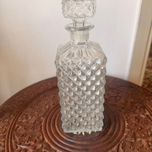 Vintage crystal decanter with stopper, mid-century geometric design