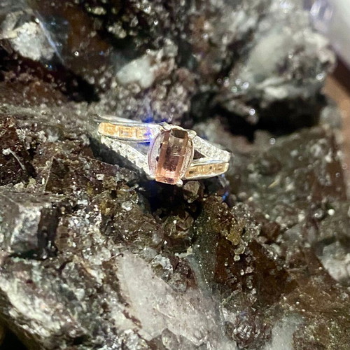 Handmade silver ring with natural watermelon tourmaline and moissanite, new