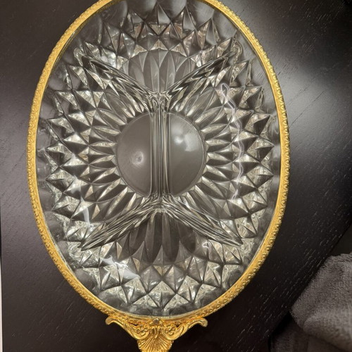 Vintage oval crystal serving platter with bronze handles