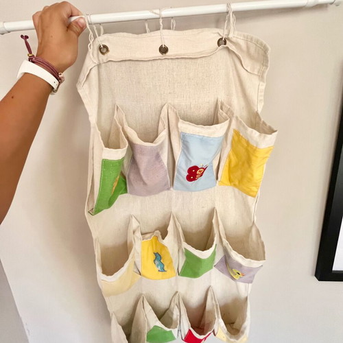 Montessori kids room set like new, cotton storage and wooden hooks