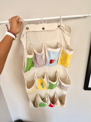 Montessori kids room set like new, cotton storage and wooden hooks