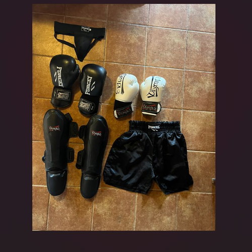 Force1 20oz and Olympus 12oz gloves set with shin guards, shorts, and groin guard like new