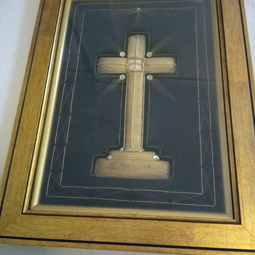 Cross framed artwork used with amulet and gold frame 40x30cm