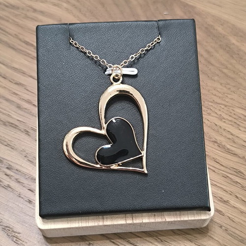 Necklace with Double Heart pendant, gold color with black heart