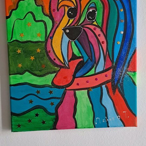 Painted canvas used with dog motif, 40x30 cm