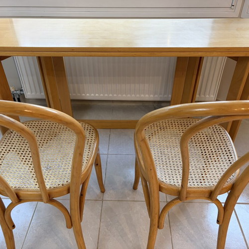 Multifunctional table with two used Viennese wicker chairs