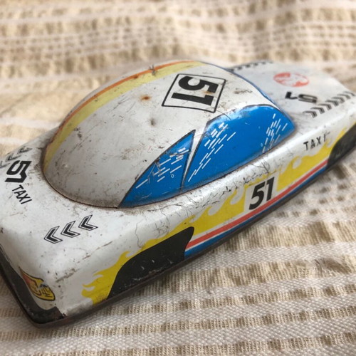 Tin pull toy taxi used, length 16cm