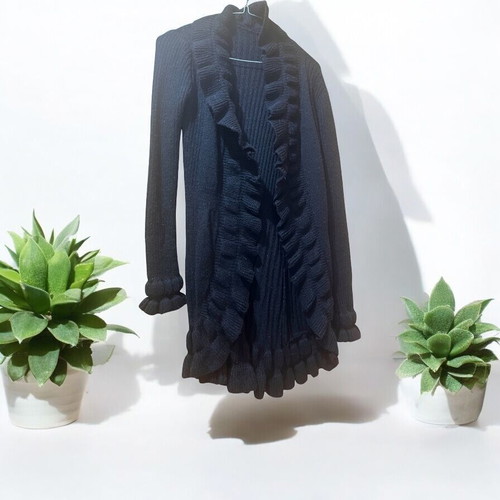Vintage cardigan knit ruffled longline wool size M like new black