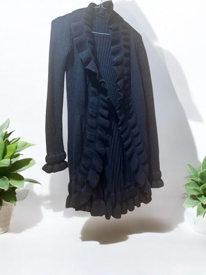 Vintage cardigan knit ruffled longline wool size M like new black
