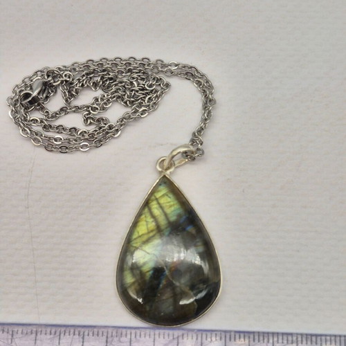 Labradorite Teardrop Necklace Silver 925 with Steel Chain new