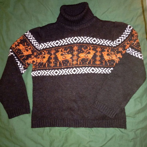 Turtleneck sweater used, black with orange deer, small size