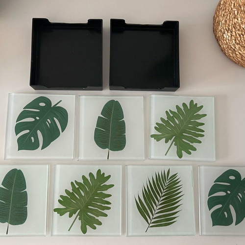 Glass coasters with cases, set of 7, new