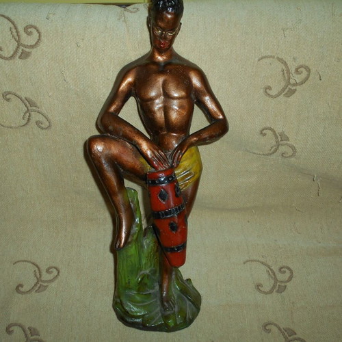 Tympanist statue used, 1950s, painted plaster, height 44 cm