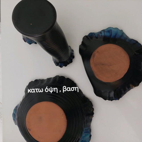 Set of 3 used clay decorative items with porcelain, blue-light blue-black