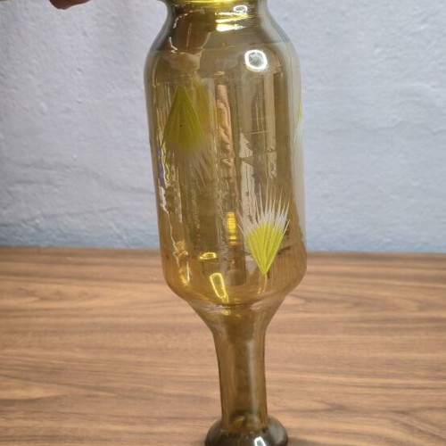 Vintage glass vase amber with hand-painted flowers