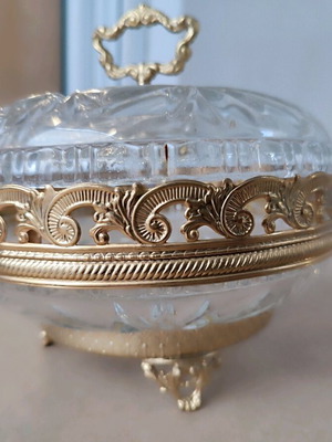 Vintage crystal fondant dish with carved designs and gilded bronze finish new