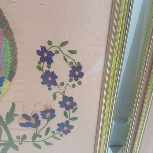 Asymmetrical embroidered paintings with peacocks used, set of two