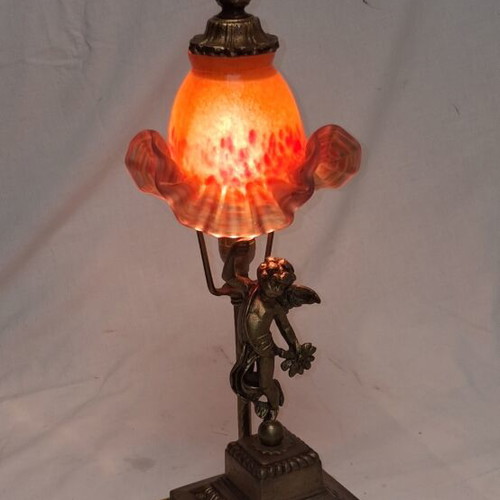 Vintage table lamp with angel and art glass, like new, 40cm