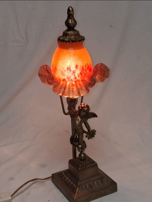 Vintage επιτραπέζιο φωτιστικό με άγγελο και art glass, σαν καινούργιο, 40εκ.