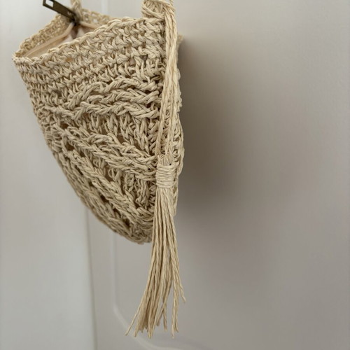 Straw crossbody bag new, beige, semicircular with tassel
