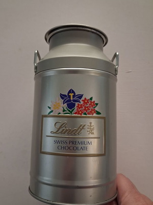 Lindt silver metal milk churn tin box used, kitchen decor