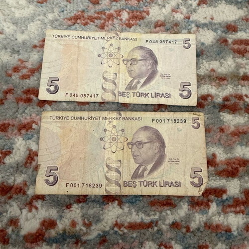 Turkish lira used, two 5 lira banknotes