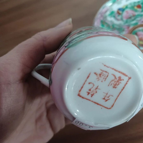 Chinese porcelain cup and saucer set 2 handpainted, used, collectible