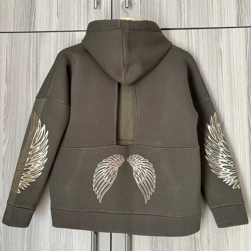 Women's sweatshirt like new, olive with gold prints and fleece lining