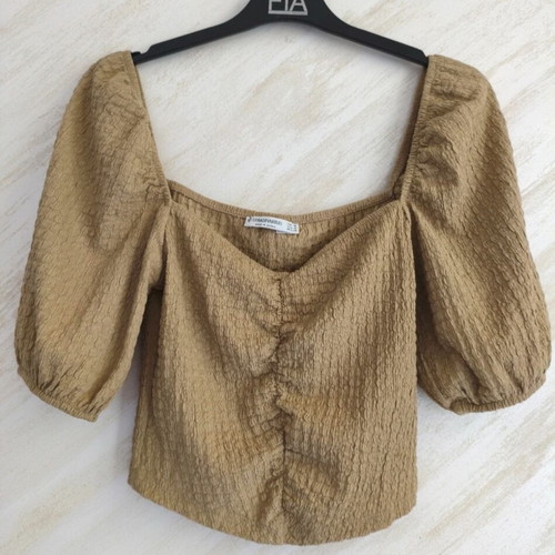 Stradivarius blouse with puff sleeves, khaki, medium, like new