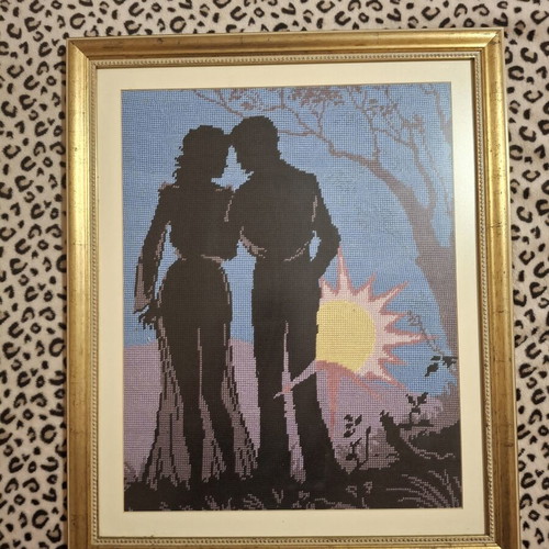 Embroidered framed textile painting, handmade
