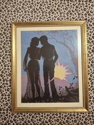 Embroidered framed textile painting, handmade