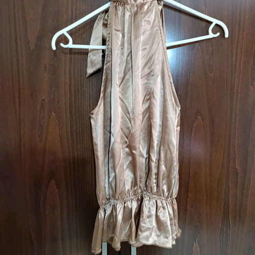 Jelo satin blouse brown small like new with neck tie cut out