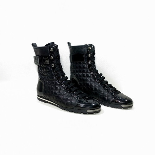 Ballin Italy quilted leather high-top boots, black patent buckle