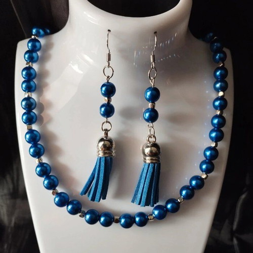 Handmade beaded blue summer necklace and earrings set new