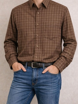 Marks & Spencer men's brown checkered long-sleeve shirt used
