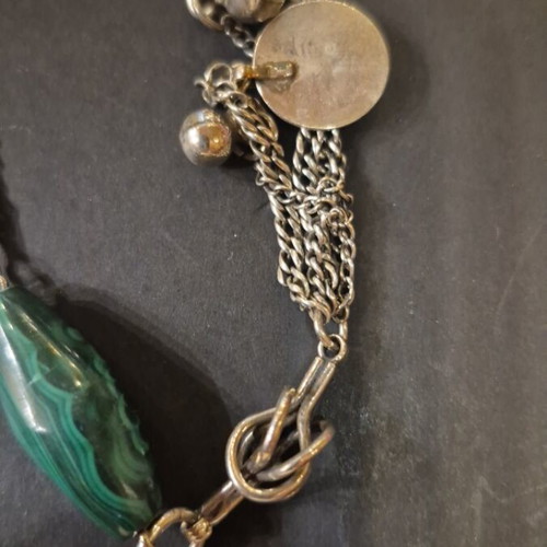 Komboloi with malachite and amber beads, new, silver chain