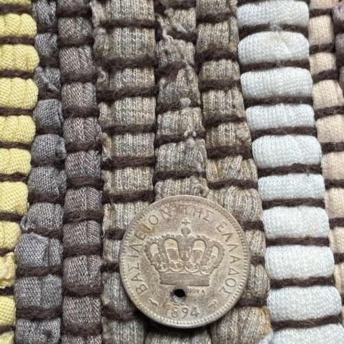Greek 20 Lepta Coin 1893 used with hole, Kingdom of Greece