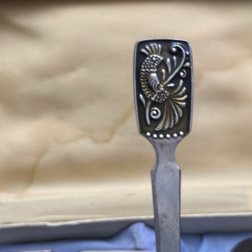 USSR spoons like new, black copper-enamel paint BIRD with MK8 and Ts 1.50 stamps