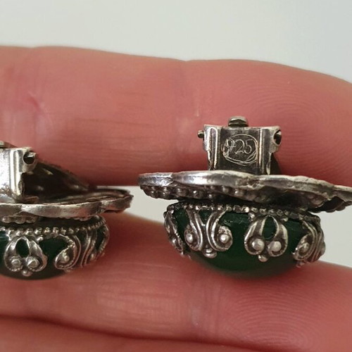 Vintage clip earrings silver used with green onyx