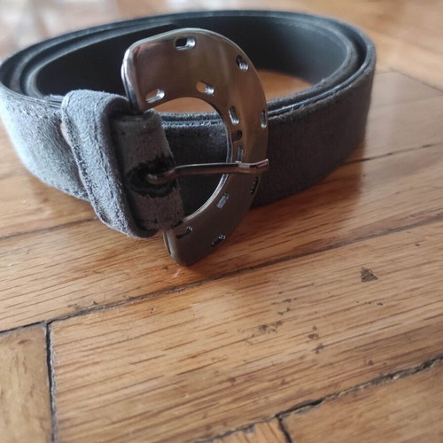 Vintage suede belt used with silver buckle, gray
