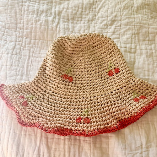 Zara Straw Bucket Hat with Embroidered Cherries used, boho style
