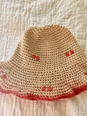 Zara Straw Bucket Hat with Embroidered Cherries used, boho style