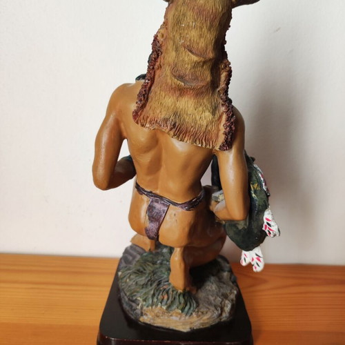 Vintage Native American warrior statue used, kneeling with spear and tomahawk