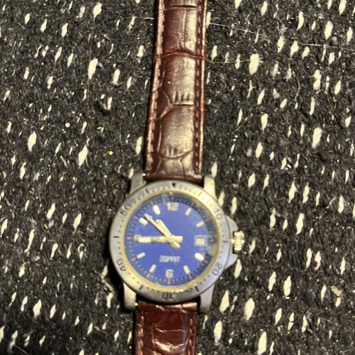 Esprit Vintage Chrono Diver Style Watch with Blue Dial and Brown Leather Strap like new