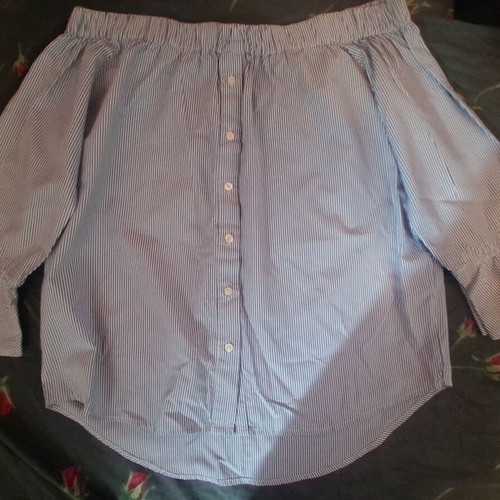 Striped blouse turquoise with white off-shoulder, buttons, like new