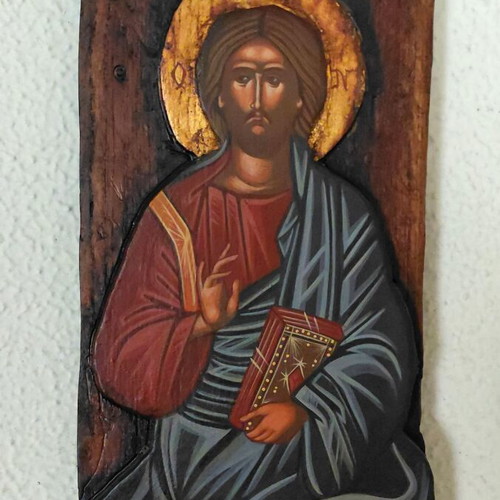 Relief icon of Christ with egg tempera and gold leaf